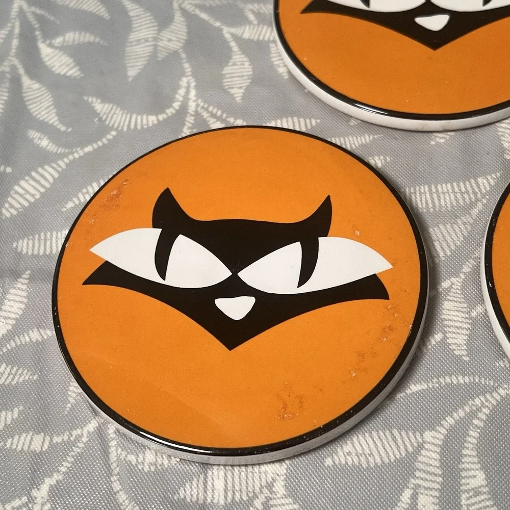 Orange kitschy big eye cat Halloween‎ coasters set of 3